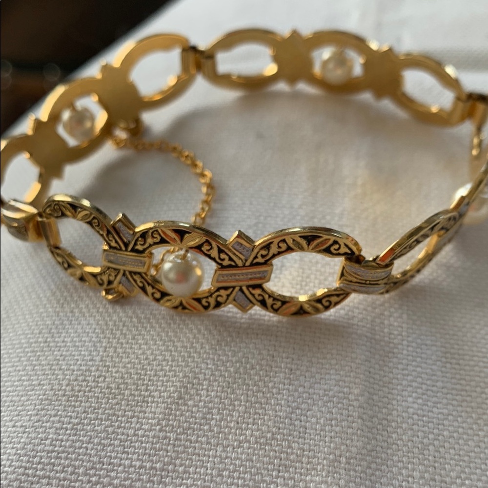 Gold Bracelet with Pearl Accents. Pretty design from Barcelona. No markings